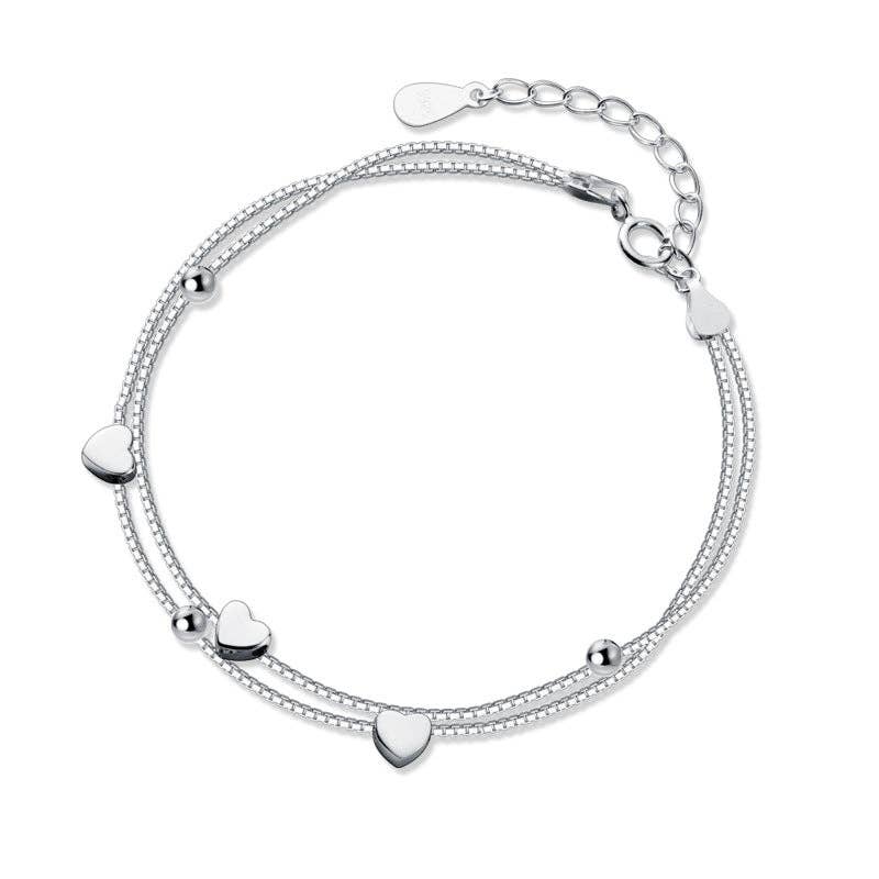 Heart Bead Double Box Chain Bracelet in 925 Sterling Silver