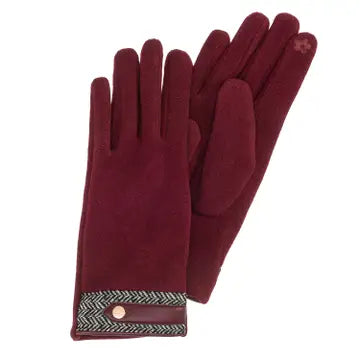 Herringbone Texting Gloves with Strap Cuff Accent Burgundy