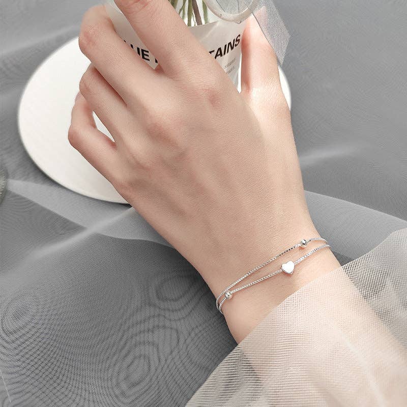 Heart Bead Double Box Chain Bracelet in 925 Sterling Silver