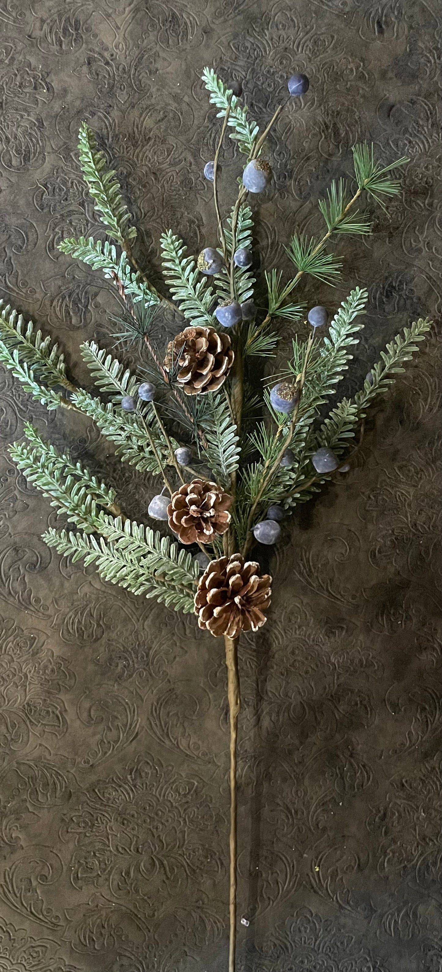28” Frosted Fir Pine Spray with Pinecones and Blueberries