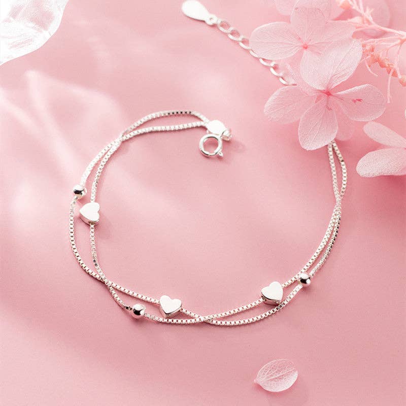 Heart Bead Double Box Chain Bracelet in 925 Sterling Silver