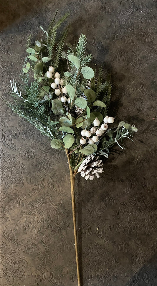 30” Glittered Pine Stem w/Eva Eucalyptus White Berries & Pinecones