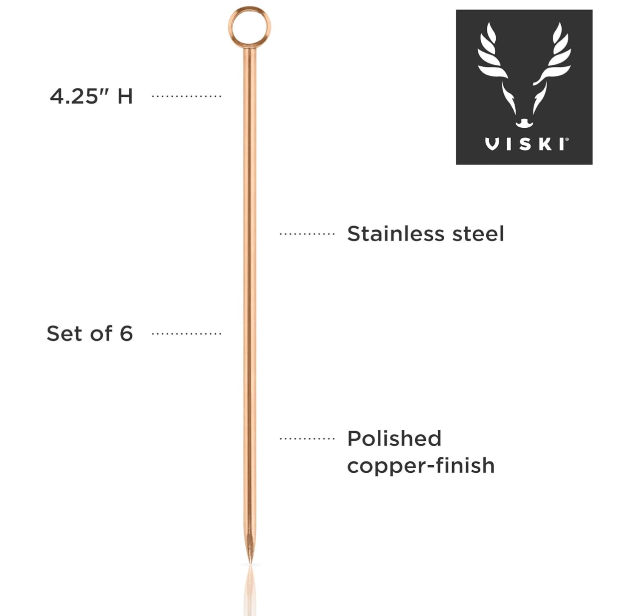 i Copper Cocktail Picks, Set of 6 Stainless Steel Drink Picks, Barware Accessories, 4.25″
