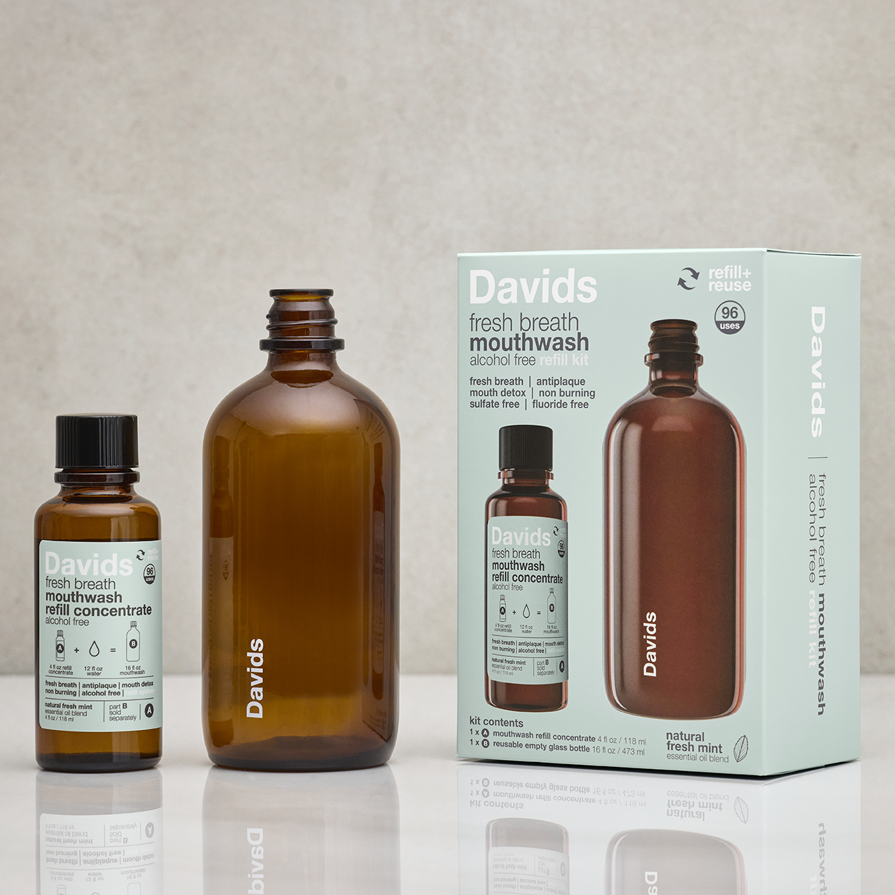 Davids Hydroxi™ Fresh Breath Mouthwash - Natural Fresh Mint : Mouthwash Refill Kit w/ empty glass bottle (refills sold separately)