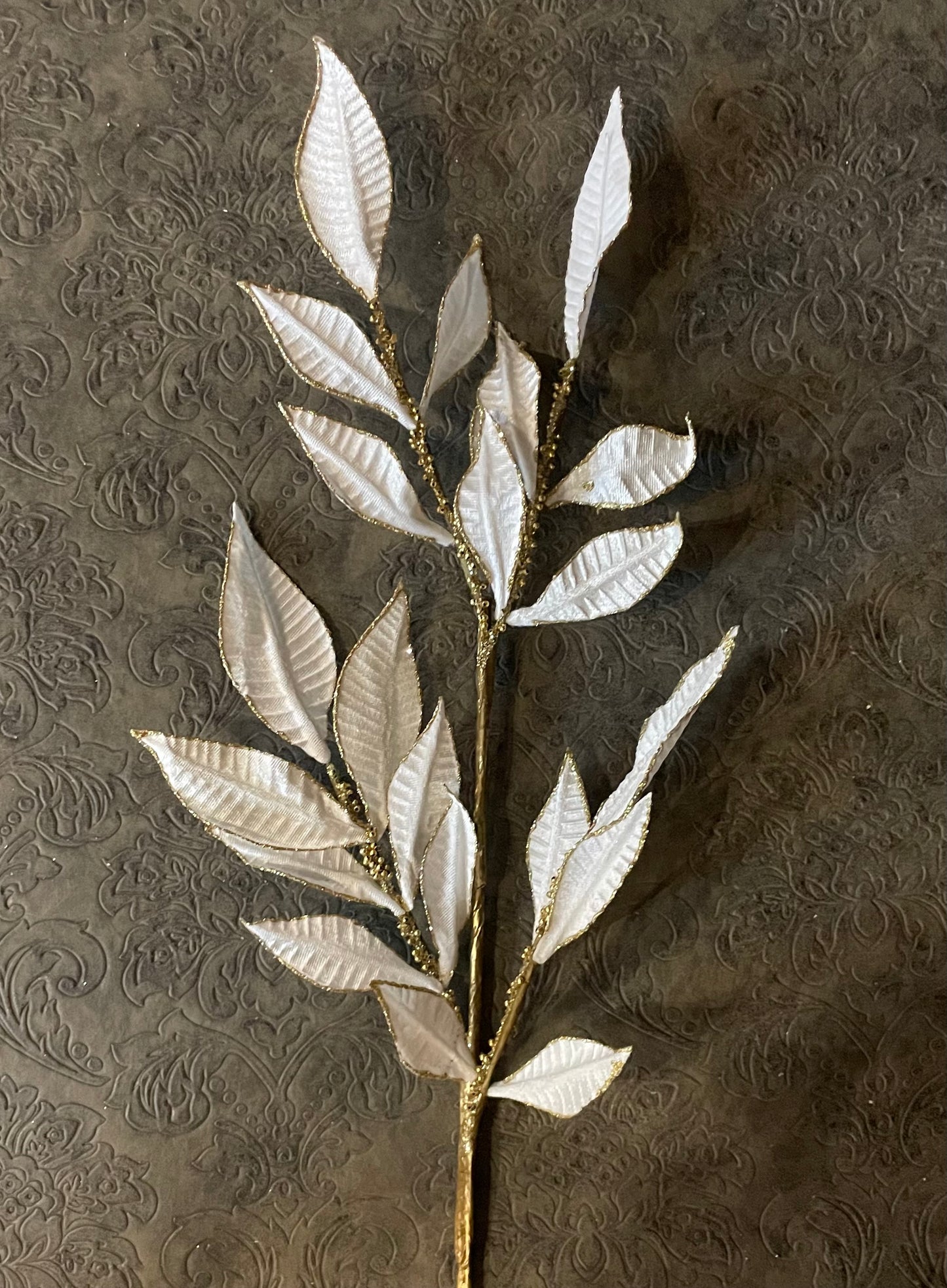 White Velvet Leaf Stem w/Gold Trim