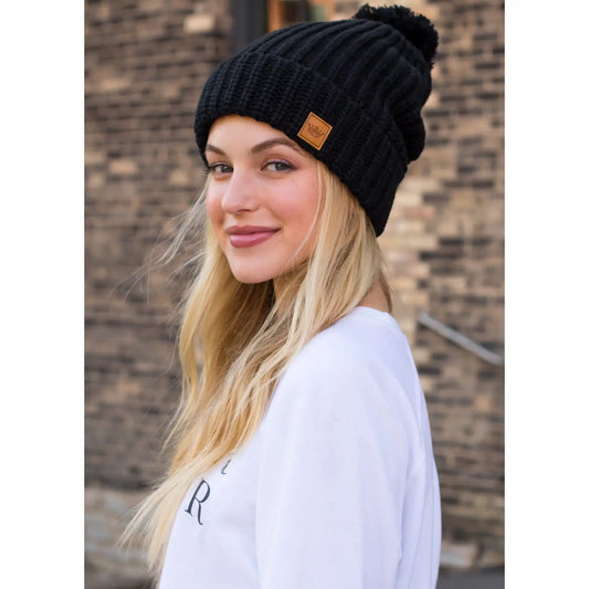 Black Slouchy Knit Pom Pom Hat