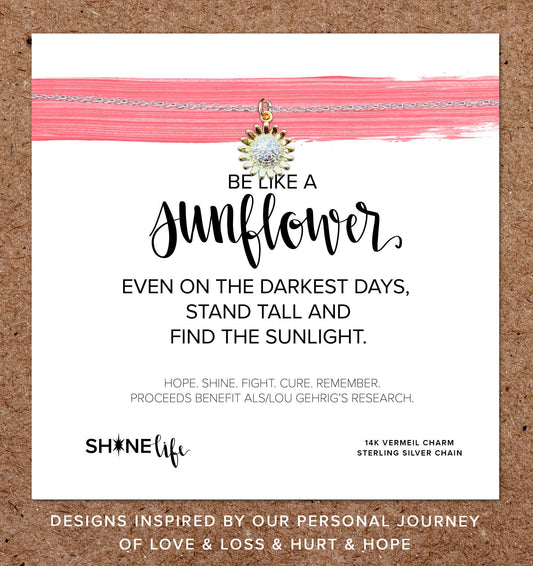 Sunflower ALS Necklace: Lou Gehrig's Disease Give Charity: Sterling Silver