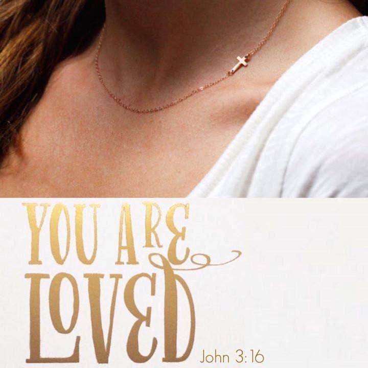 14k You are Loved Necklace: Sideways Cross John 3:16 Faith: 14k Vermeil