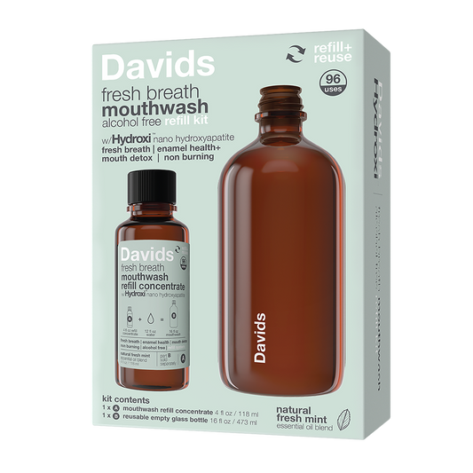 Davids Hydroxi™ Fresh Breath Mouthwash - Natural Fresh Mint : Mouthwash Refill Kit w/ empty glass bottle (refills sold separately)