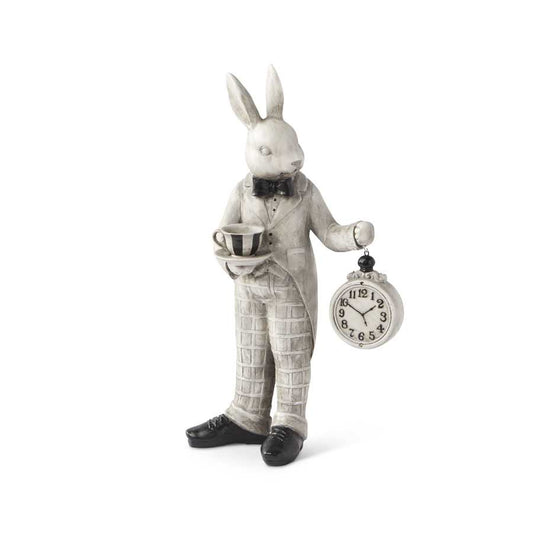 Gray and Black Bunny Holding Clock