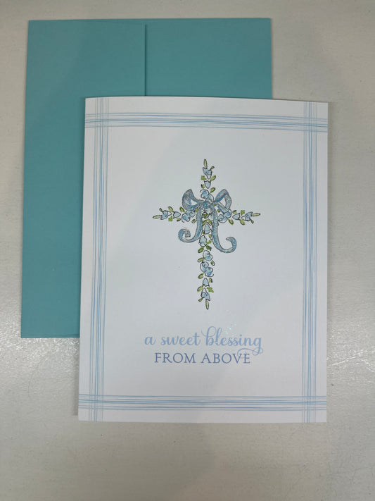 A Sweet Blessing From Above - Blue Floral Cross with Bow Card