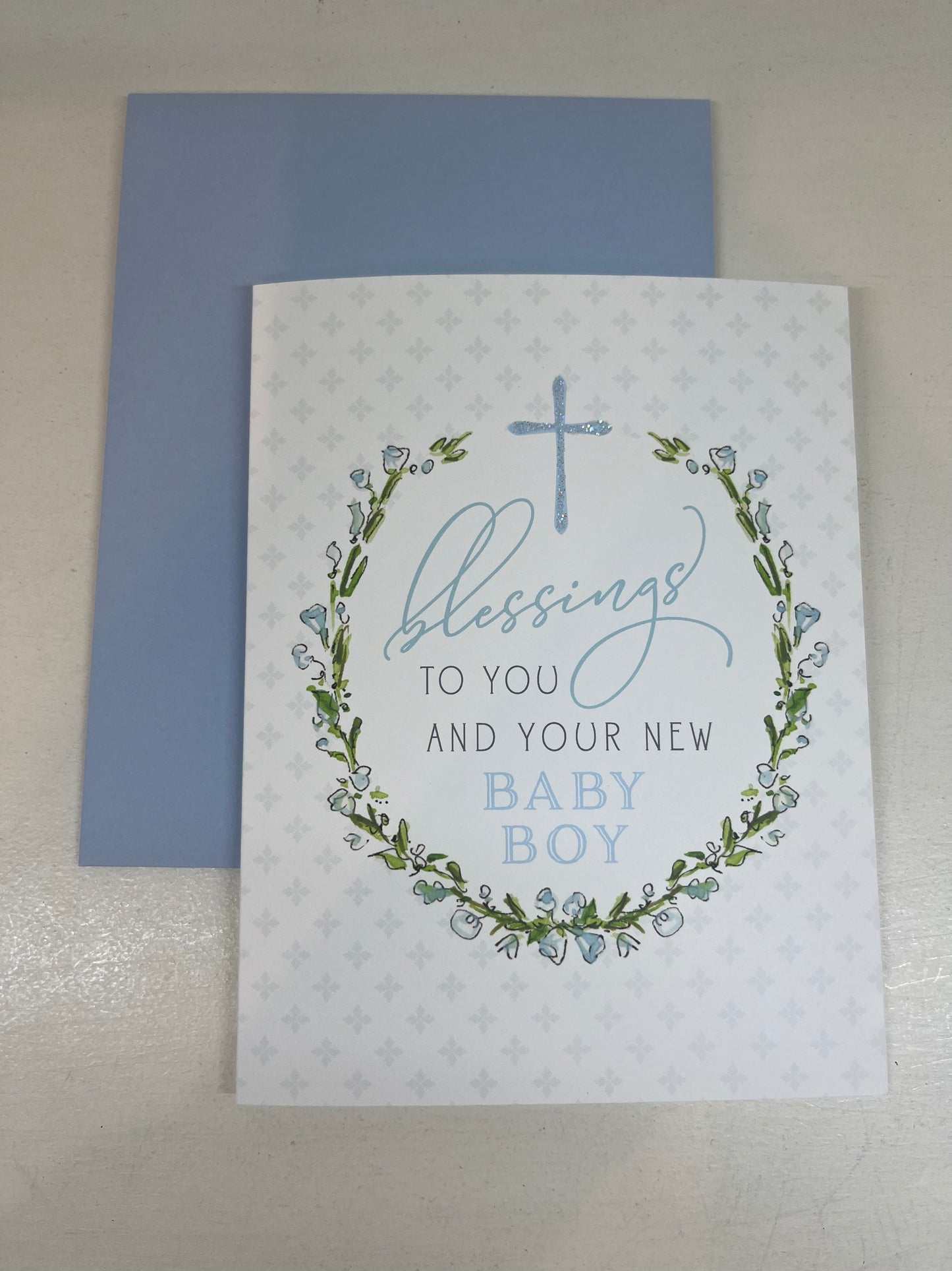 Blessings to You and Your New Baby Boy - Blue Floral Wreath with Cross Card