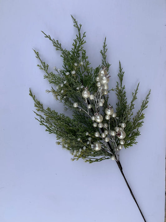 Snowy Cypress Pine Spray w/Pearls