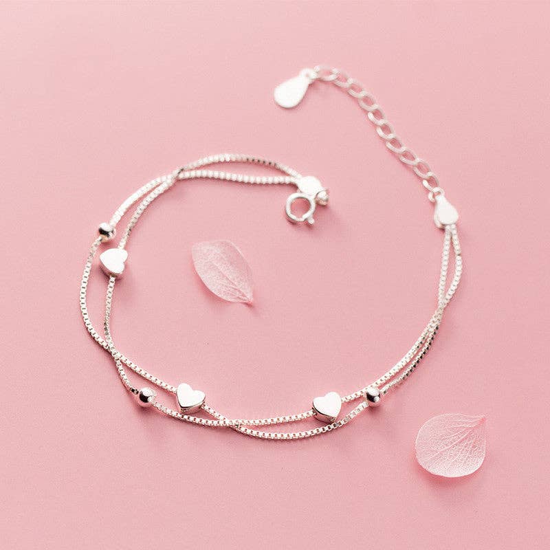 Heart Bead Double Box Chain Bracelet in 925 Sterling Silver