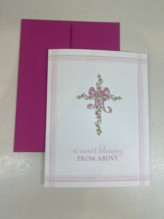 A Sweet Blessing From Above - Pink Floral Cross with Bow Card