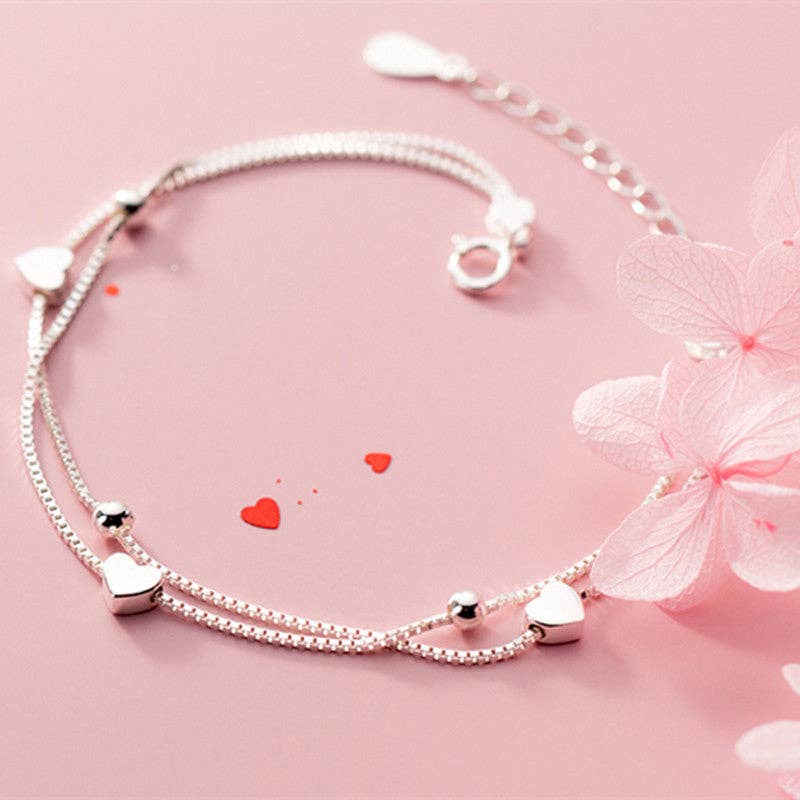Heart Bead Double Box Chain Bracelet in 925 Sterling Silver