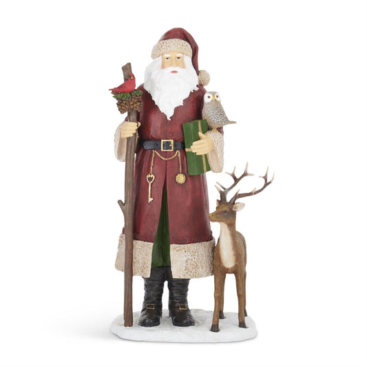 Resin Red Coat Santa w/Cardinal Owl & Reindeer 15.25 inches