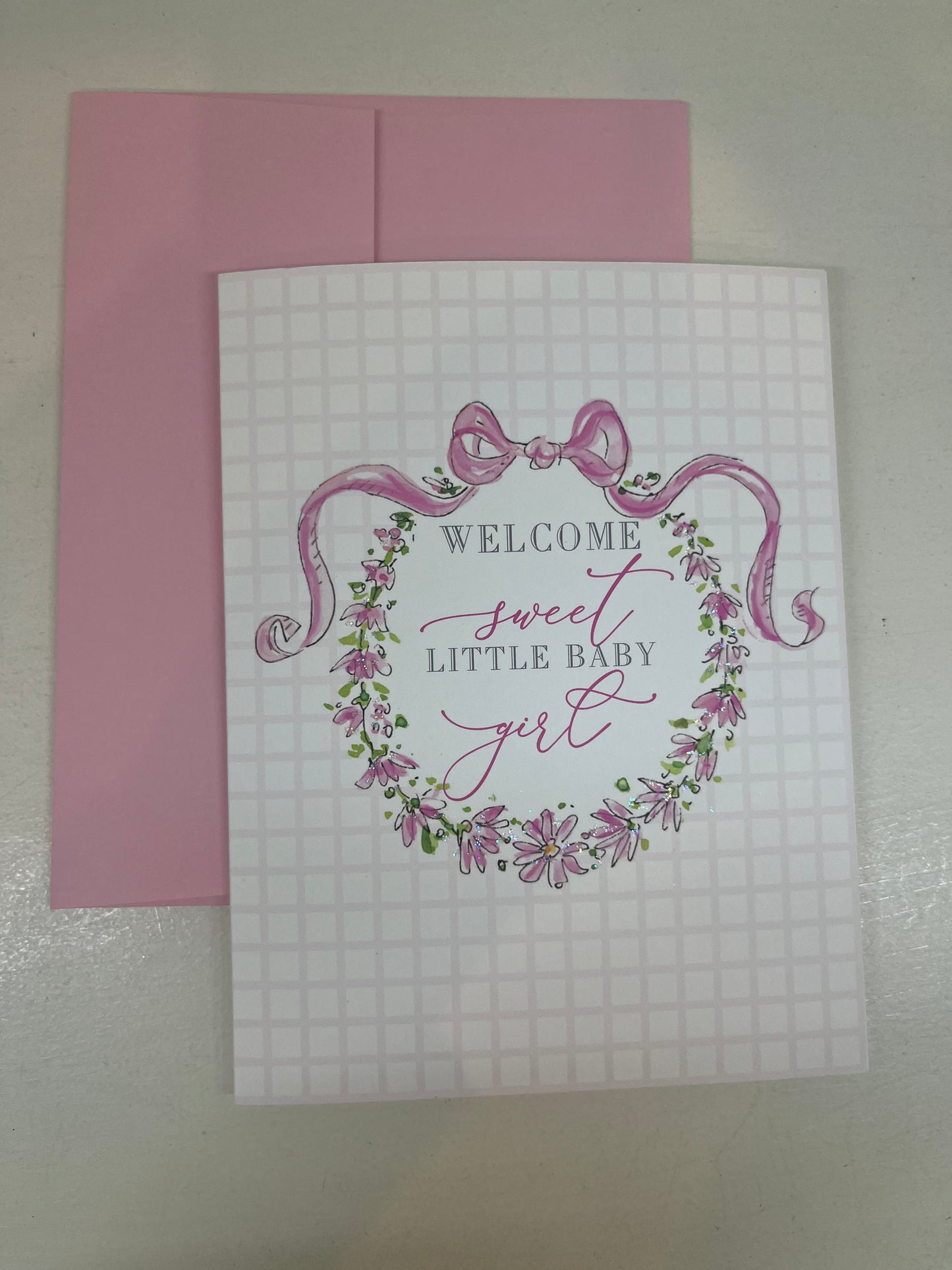 Welcome Sweet Little Baby Girl Card - Wreath with Pink Ribbon Card