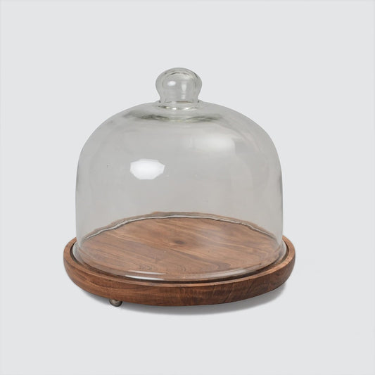 Table Glass Cloche with Acacia Wood Base