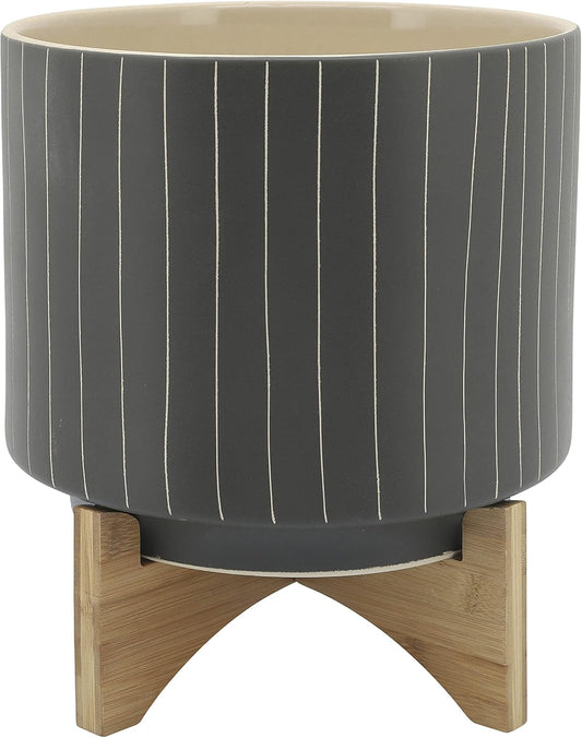 Large Gray Pot with Wooden Stand