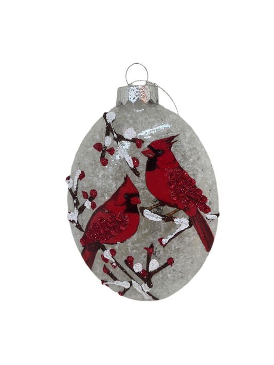 5.25 Inch Clear Glass Snowy Flat Oval Ornament w/Cardinals