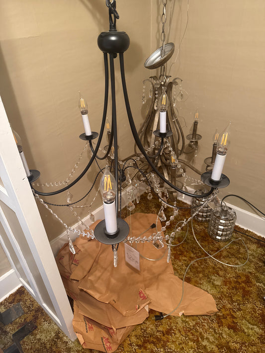 Wrought Iron Black and Crystal Chandelier