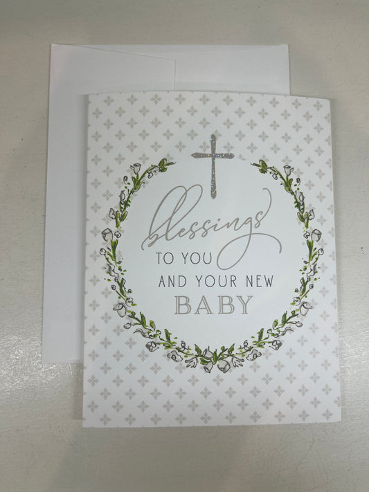 Blessing to You and Your New Baby - White Floral Wreath with Cross Card