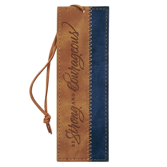 Be Strong and Courageous Butterscotch and Navy Faux Leather Bookmark - Joshua 1:9