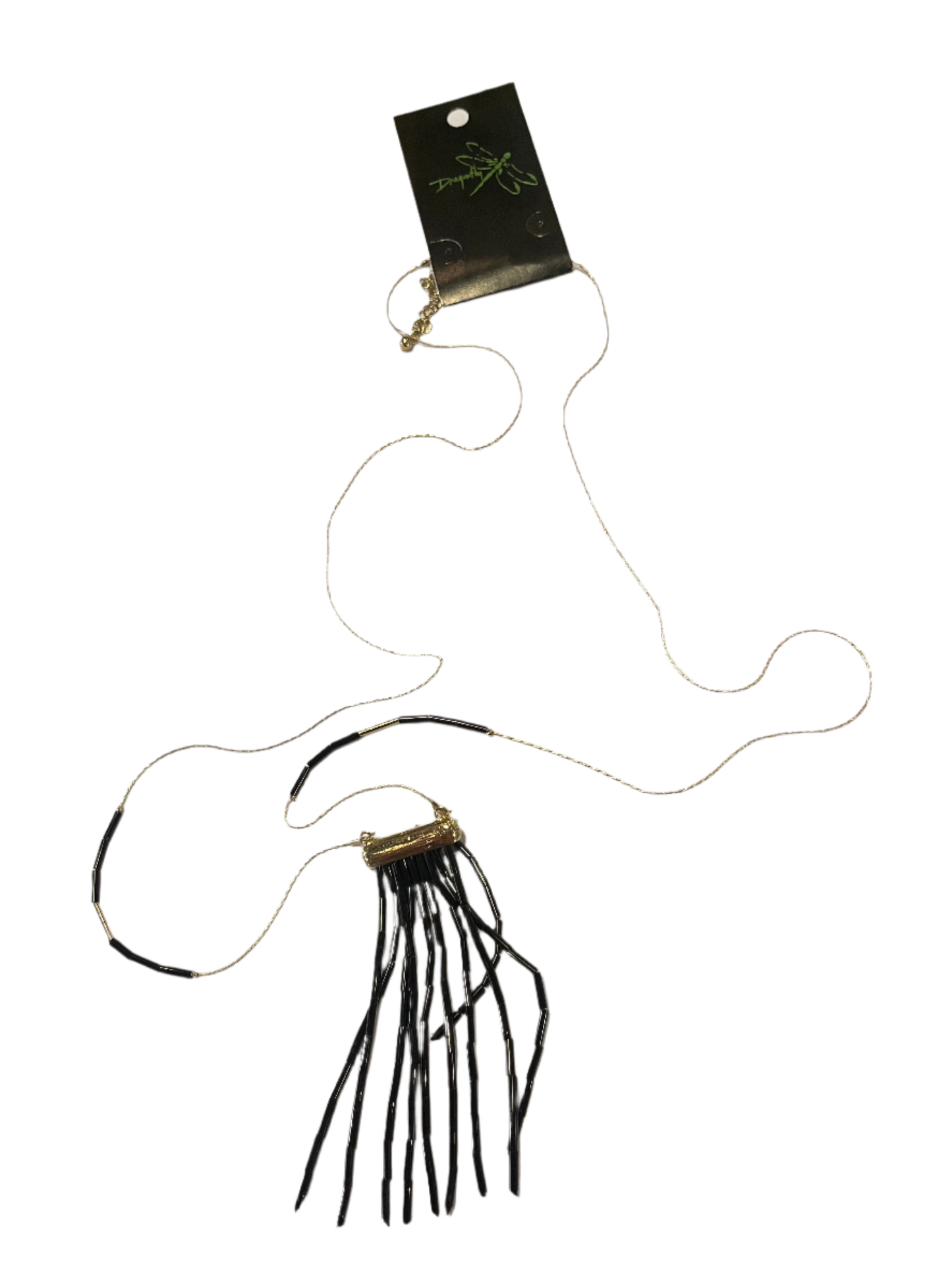 Long Black Necklace With Gold Chain