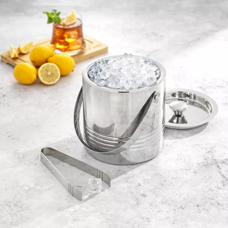 Metal Double Wall Ice Bucket with Ice Tongs and Strainer