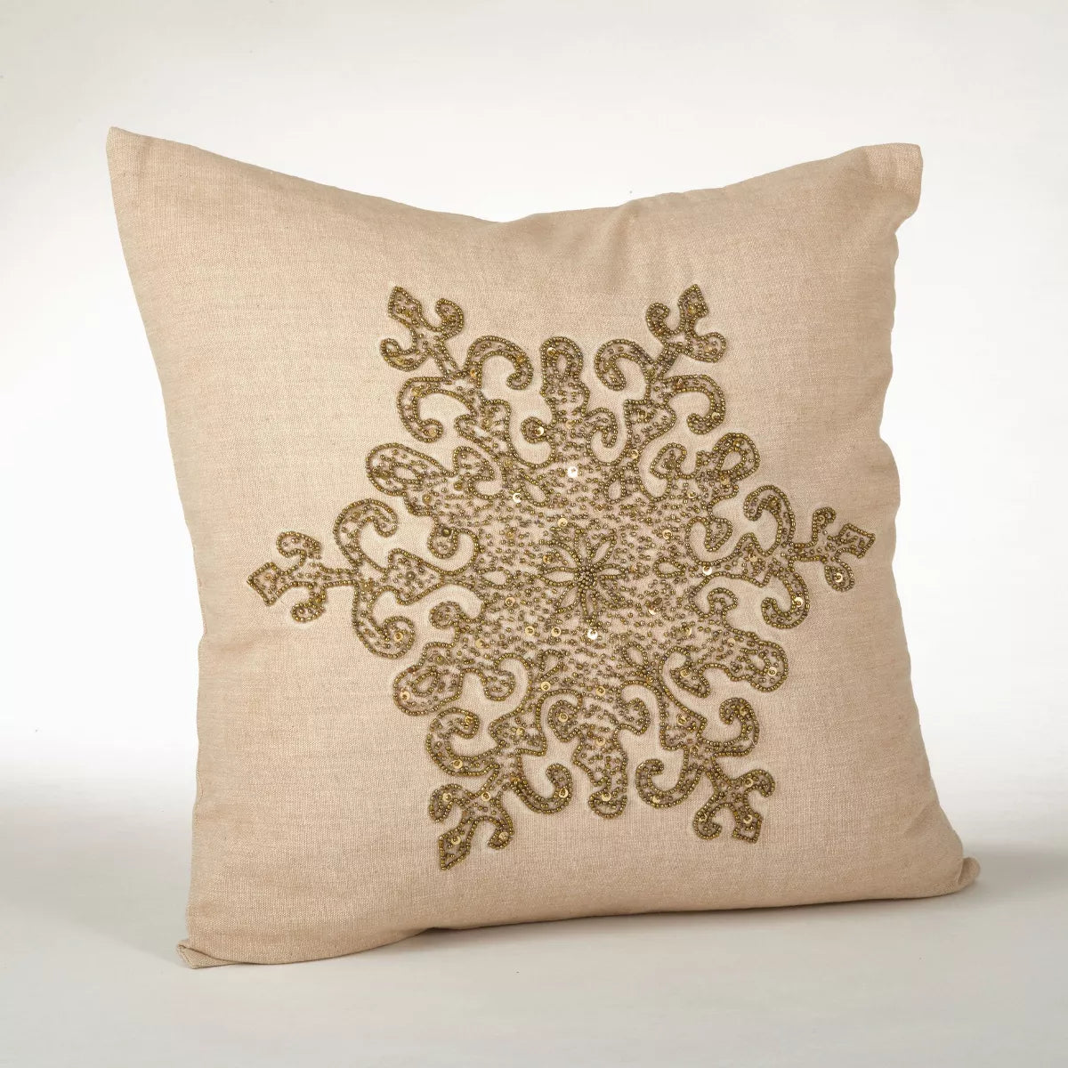 Snowflake Design Beaded Pillow Down Filled Bronze