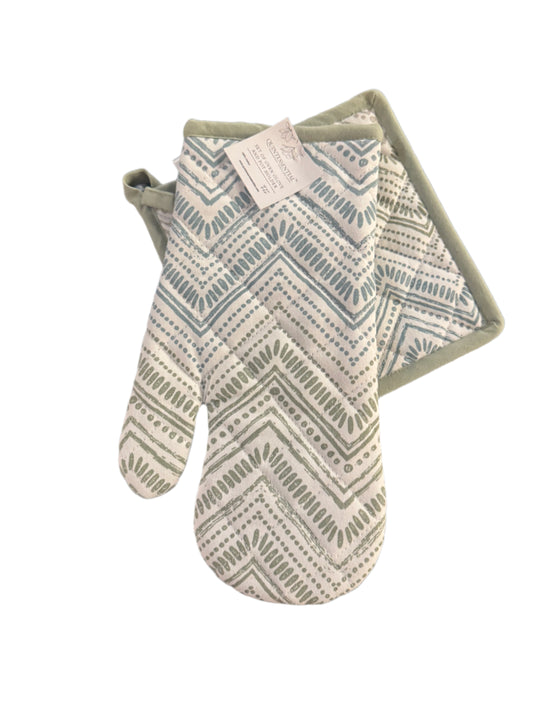 Printed 100% Cotton Sage Green Pot Holder & Oven Mitt Set