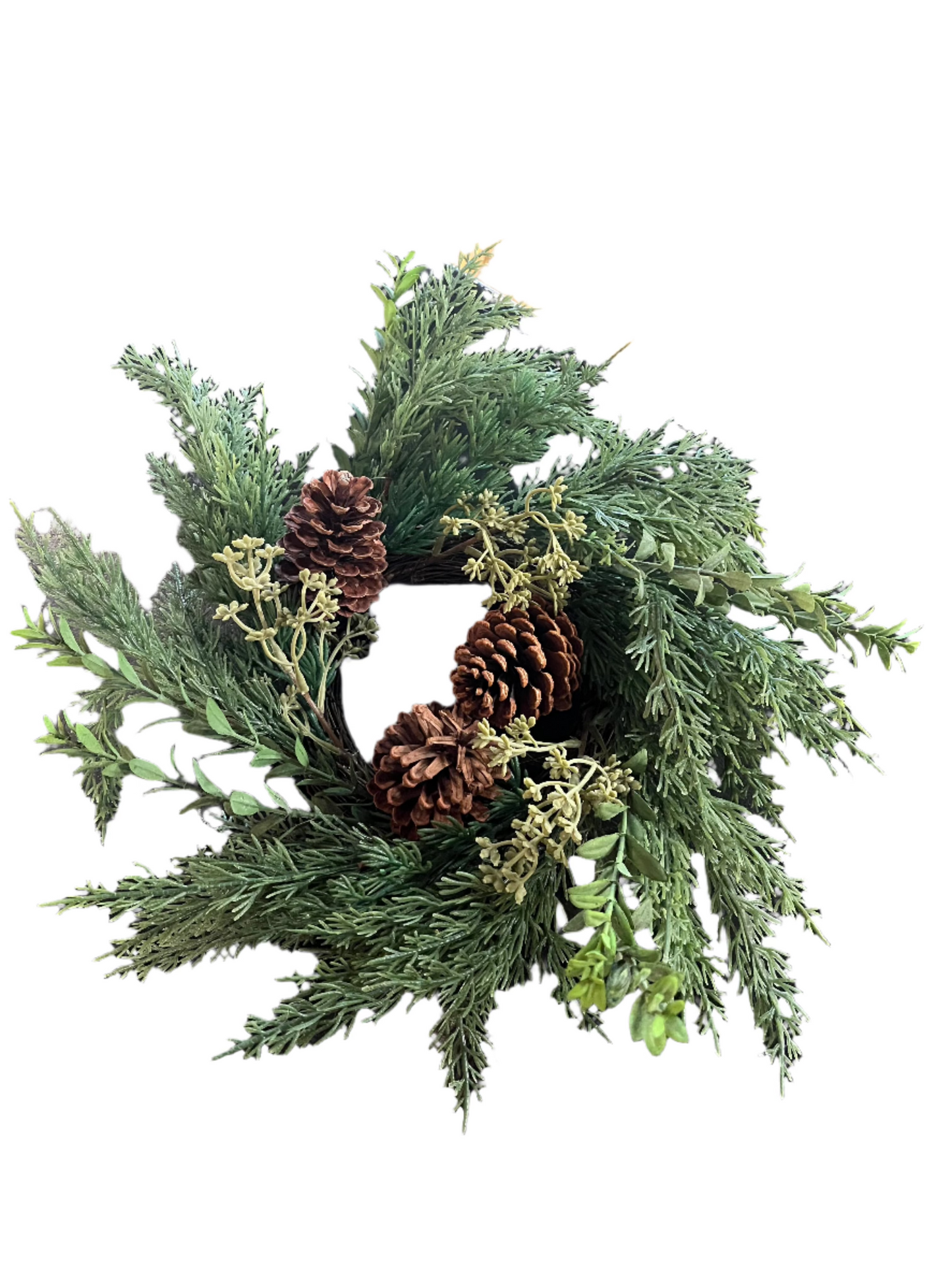 16 Inch Twig Pine & Myrtle Candle Ring w/Green Berries and Pinecone