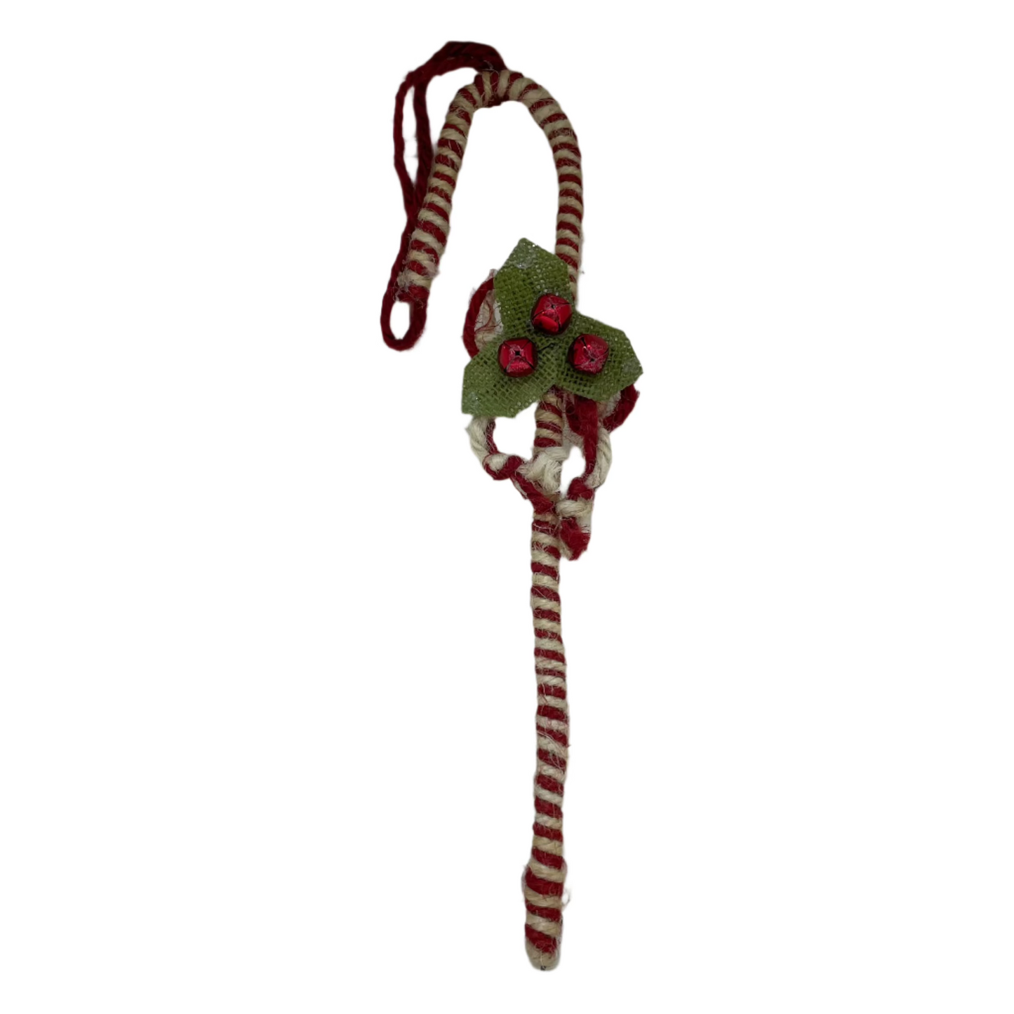 11 Inch Red Striped Candy Cane w/Holly Leaves and Bells