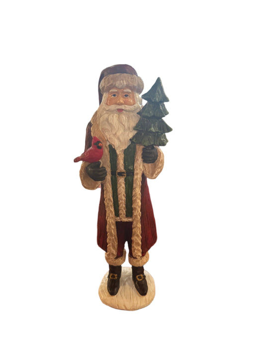 Resin Woodgrain Santa w/Cardinal & Tree- 12"