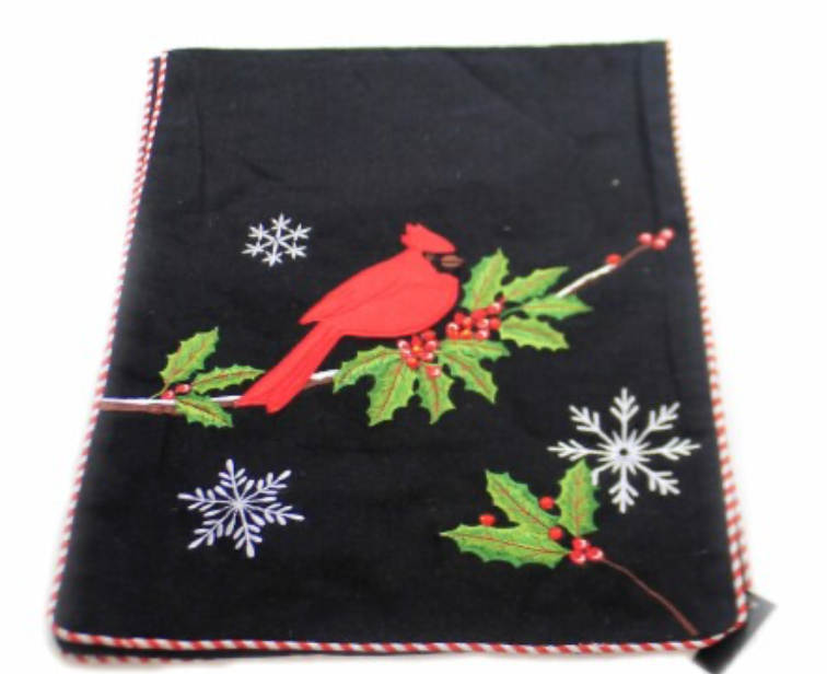 Christmas Black Table Runner w/Cardinal Cotton Embroidered Snowflakes