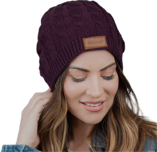 Christa Blessed Leather Patch Winter Beanie Plum