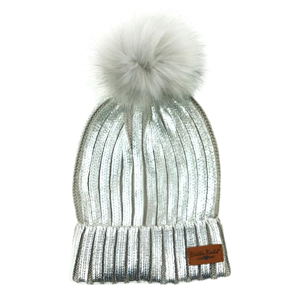 Silver Metallic Knit Pom Hat