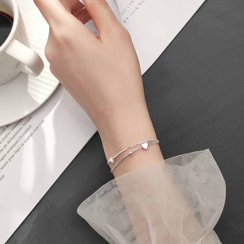 Heart Bead Double Box Chain Bracelet in 925 Sterling Silver