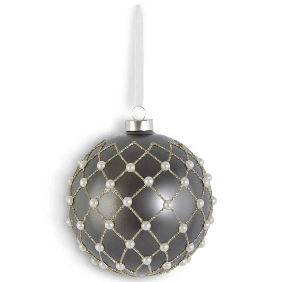 3.75 Inch Matte Gray Glass Ornament w/Gold Diamond