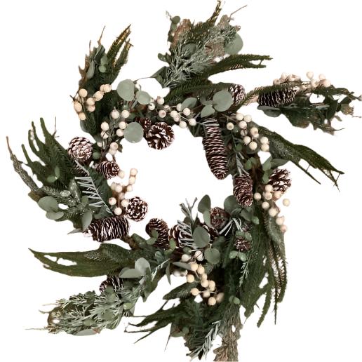 24” Glittered Pine Wreath with Eucalyptus White Berries and Pine cones