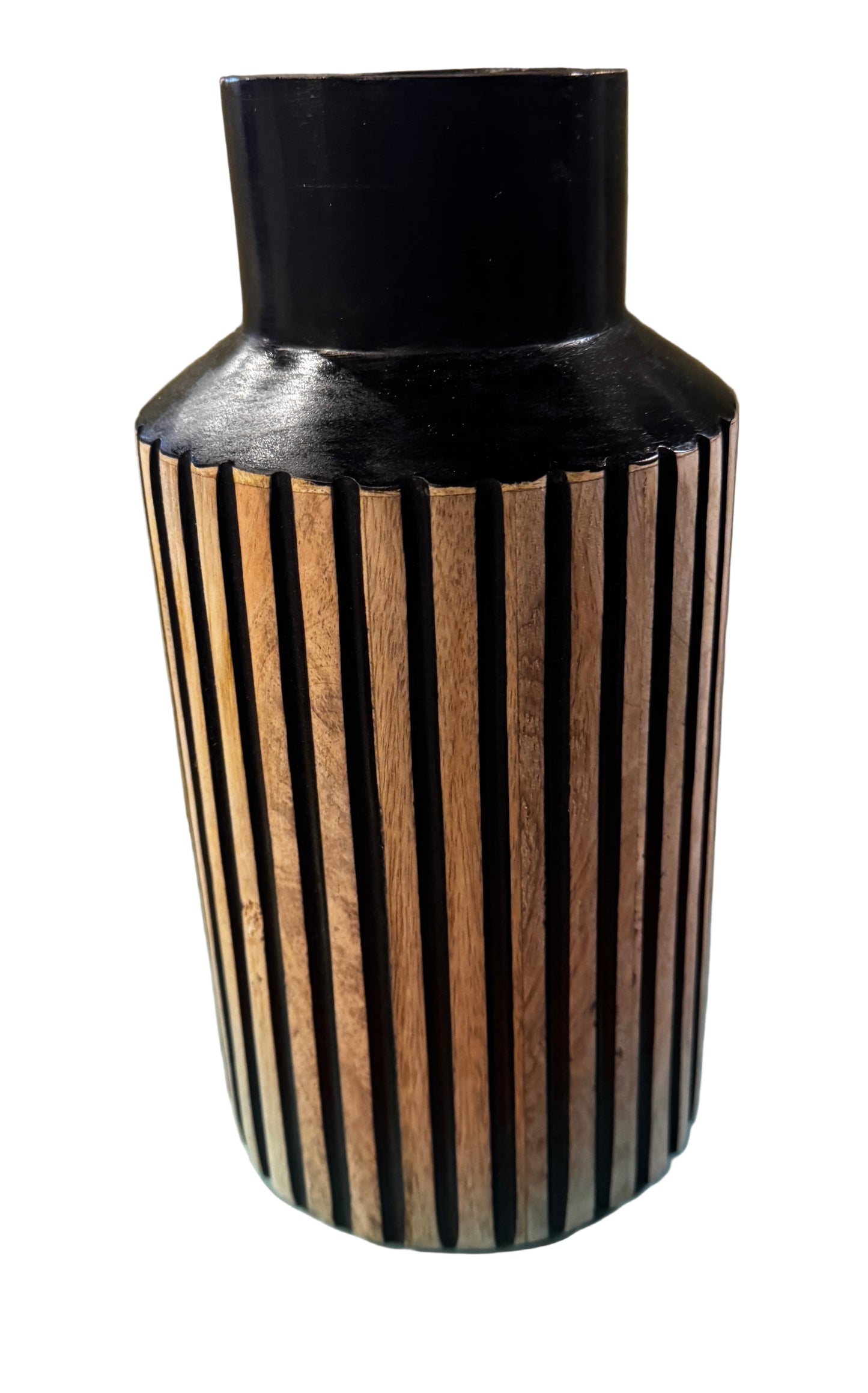 Wooden Ribbed Vase-SM| Black-Brown