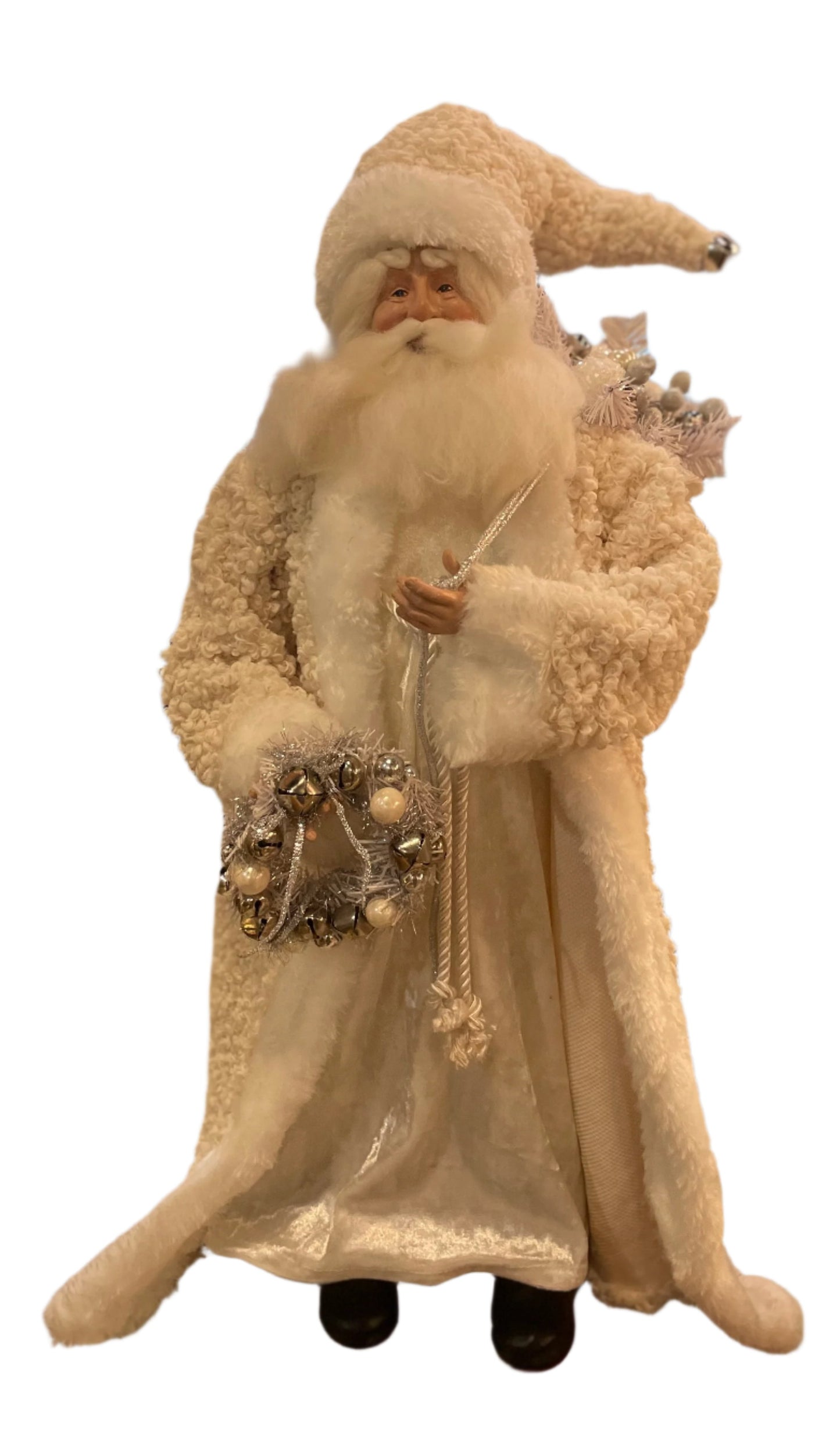 26 Inch Cream Fringe Coat Santa with Wreath & Sack